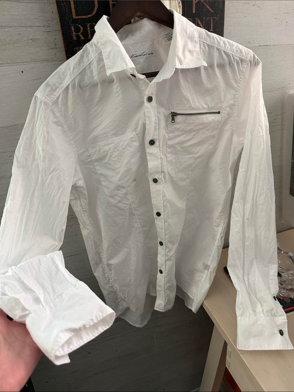 Kenneth Cole New York White Long-Sleeve Button Shirt with Zip Chest Pocket
